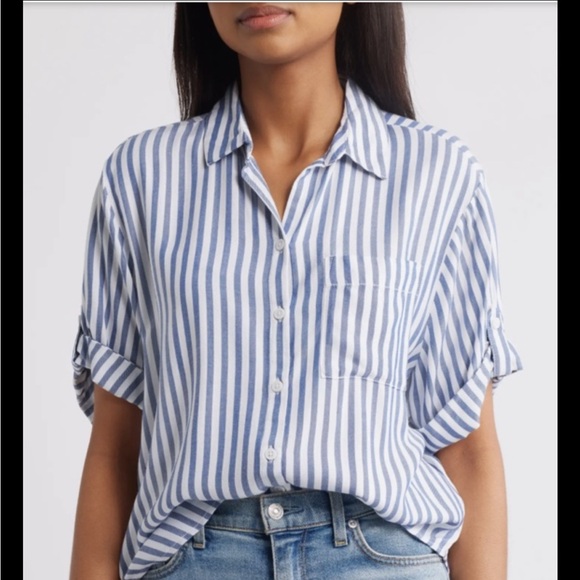 beachlunchlounge Tops - beachlunchlounge collection stripe short sleeve button up shirt Spring Tulip E-4